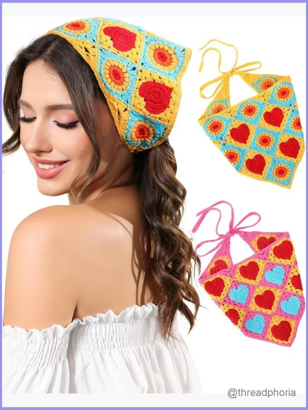 Crochet Bandanas for Women - 2PC Heart Headwraps Hair Scarf Kerchief